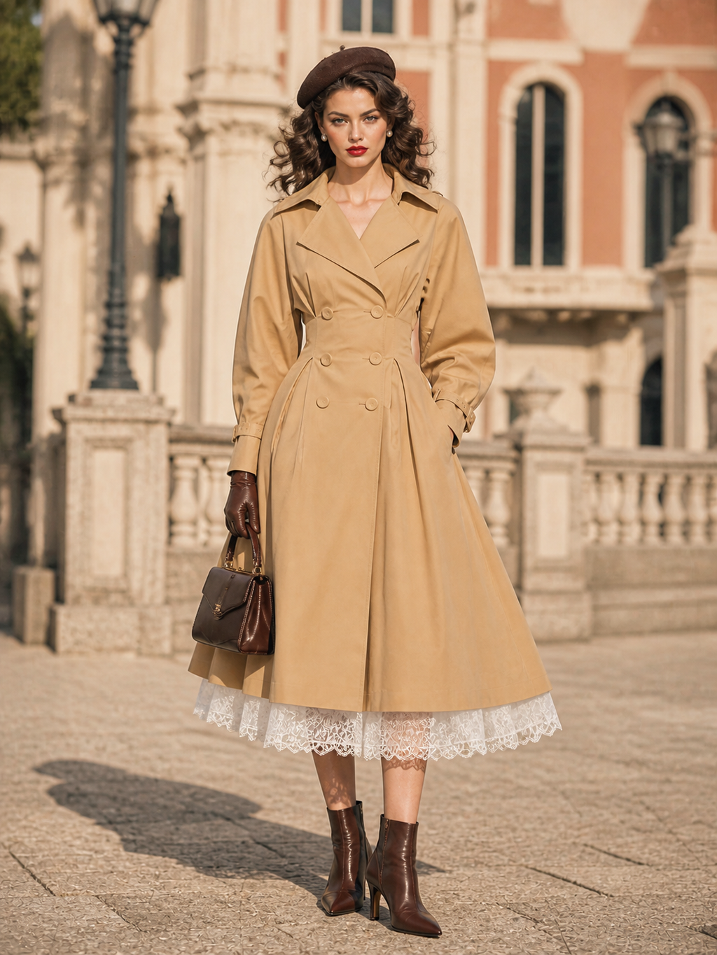 Vintage Khaki Double Breasted Waist‑Defined Midi Trench Coat