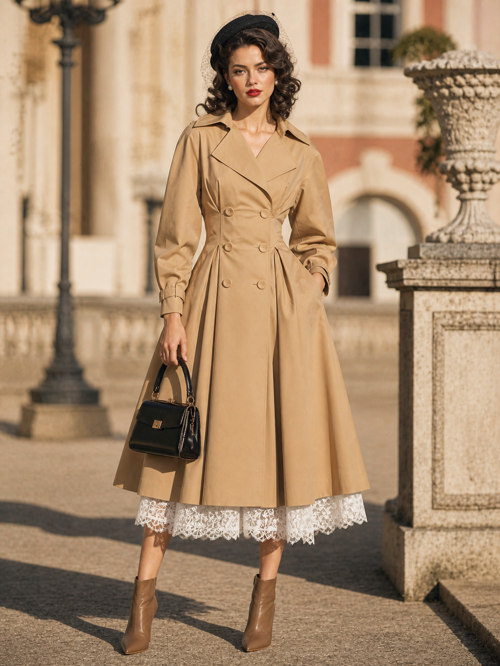 Vintage Khaki Double Breasted Waist‑Defined Midi Trench Coat