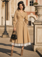 Vintage Khaki Double Breasted Waist‑Defined Midi Trench Coat