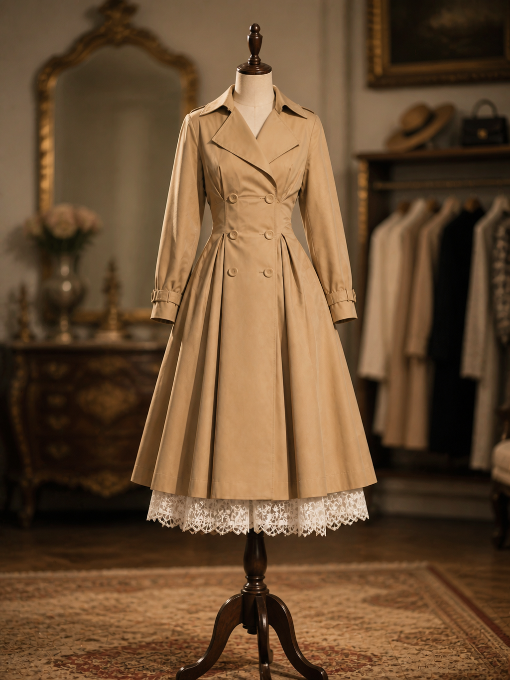 Vintage Khaki Double Breasted Waist‑Defined Midi Trench Coat