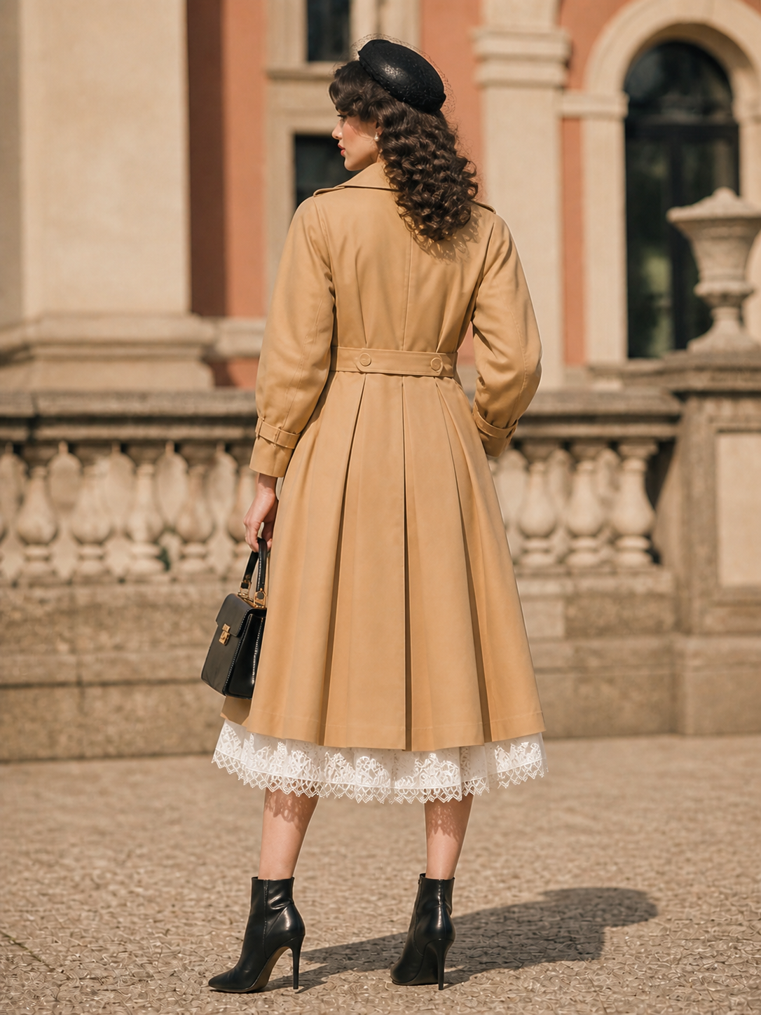 Vintage Khaki Double Breasted Waist‑Defined Midi Trench Coat