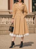 Vintage Khaki Double Breasted Waist‑Defined Midi Trench Coat