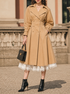 Vintage Khaki Double Breasted Waist‑Defined Midi Trench Coat
