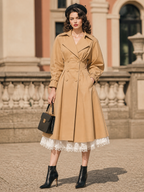 Vintage Khaki Double Breasted Waist‑Defined Midi Trench Coat