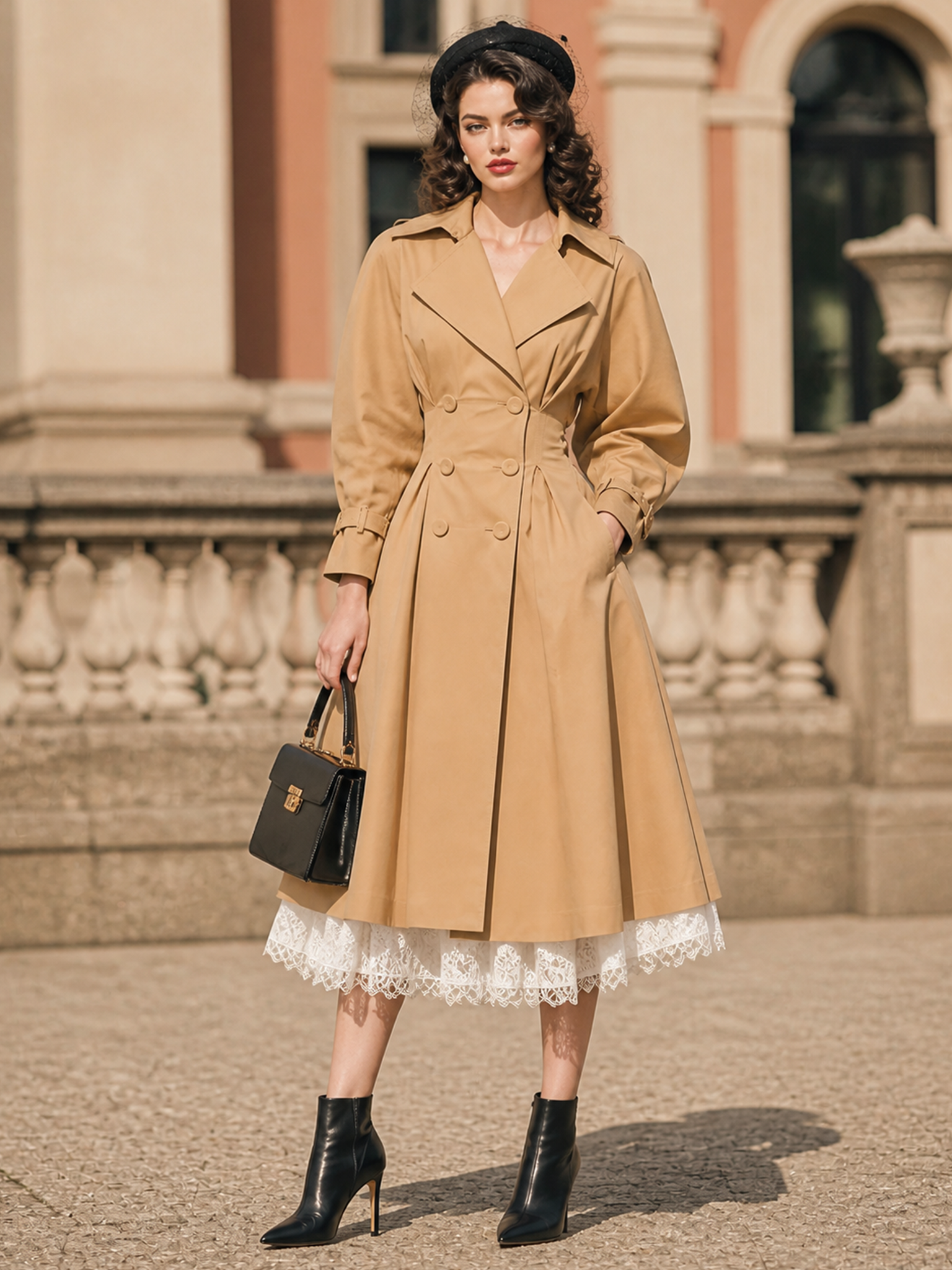 Vintage Khaki Double Breasted Waist‑Defined Midi Trench Coat