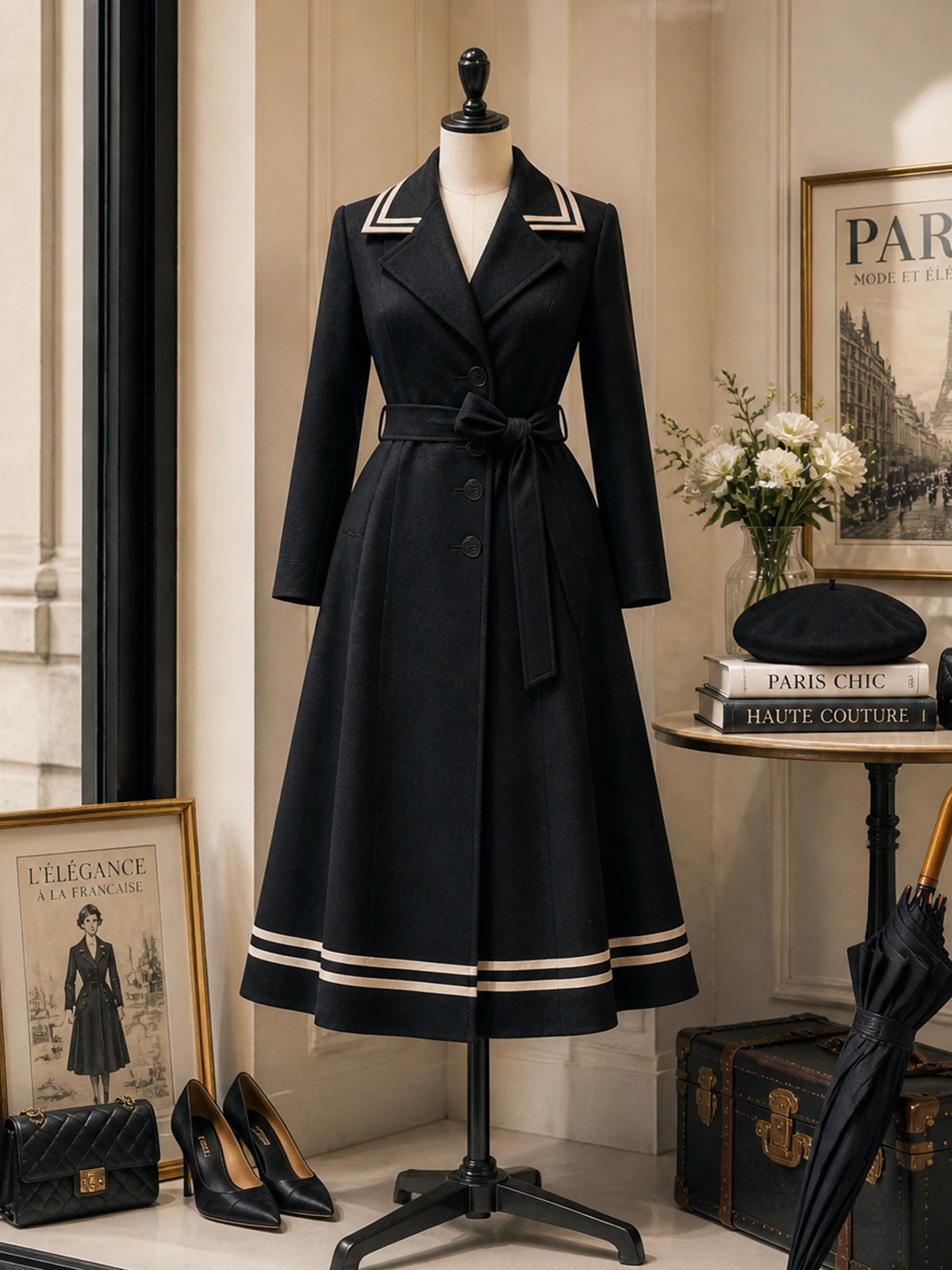 Vintage Nautical Trim Long Trench Coat
