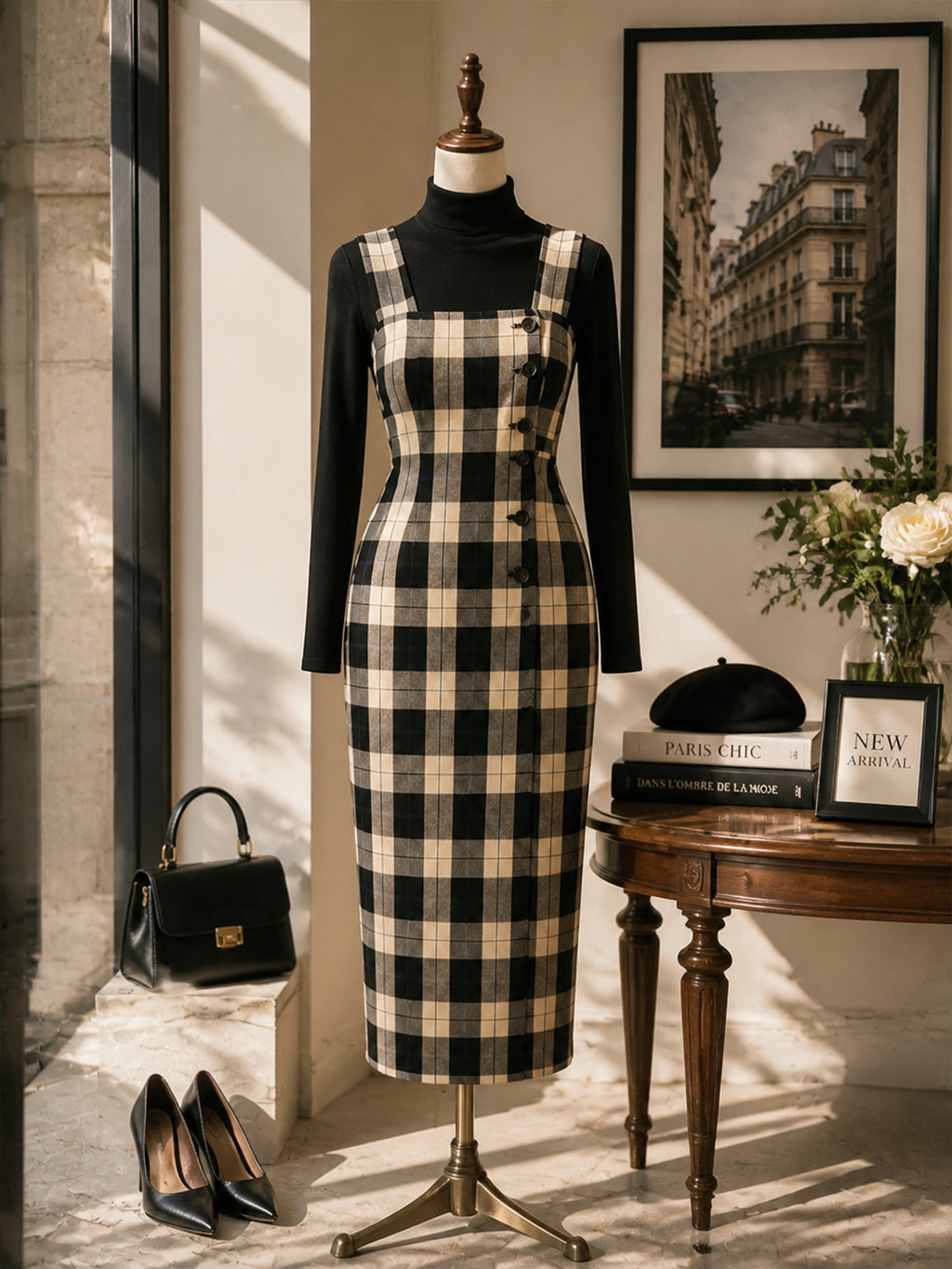 Vintage Plaid Midi Dress And T-shirt Set