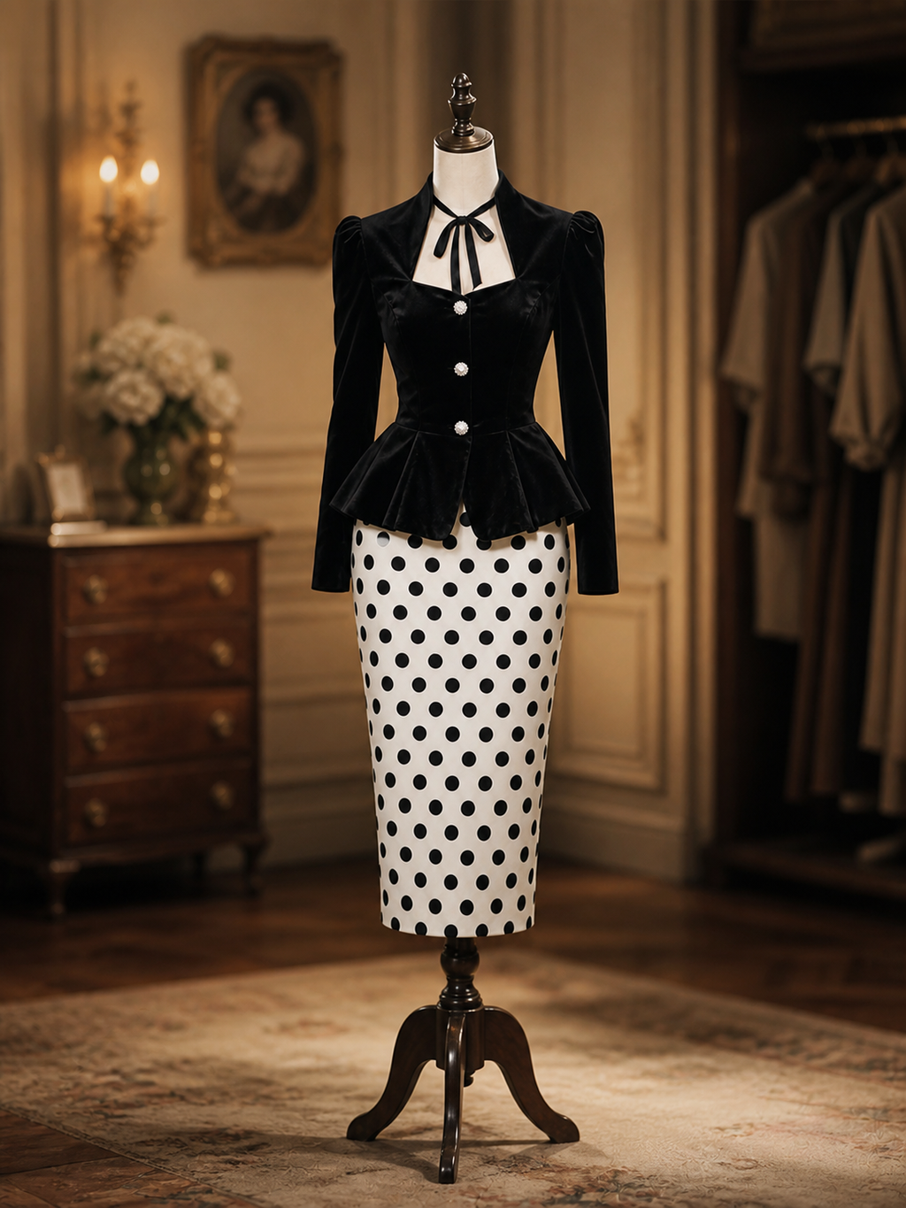 Vintage 1950s Black Velvet Peplum Top With Neck Bow & White Polka Dot Pencil Midi Skirt Co‑Ord Set