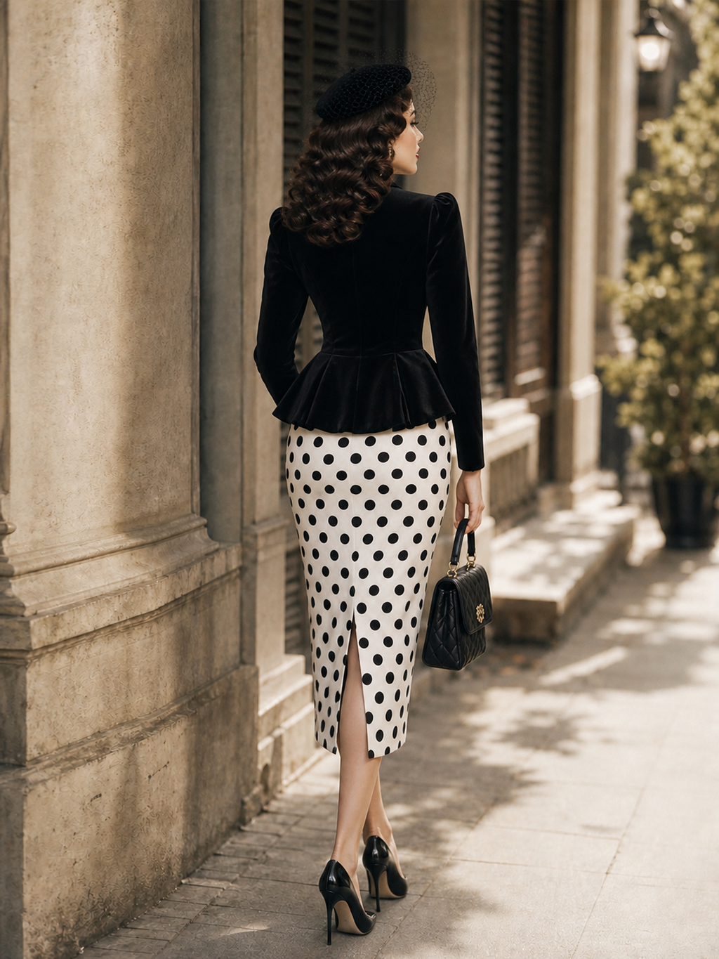 Vintage 1950s Black Velvet Peplum Top With Neck Bow & White Polka Dot Pencil Midi Skirt Co‑Ord Set