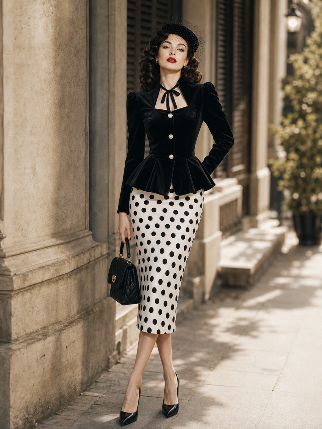 Vintage 1950s Black Velvet Peplum Top With Neck Bow & White Polka Dot Pencil Midi Skirt Co‑Ord Set