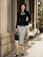 Vintage 1950s Black Velvet Peplum Top With Neck Bow & White Polka Dot Pencil Midi Skirt Co‑Ord Set