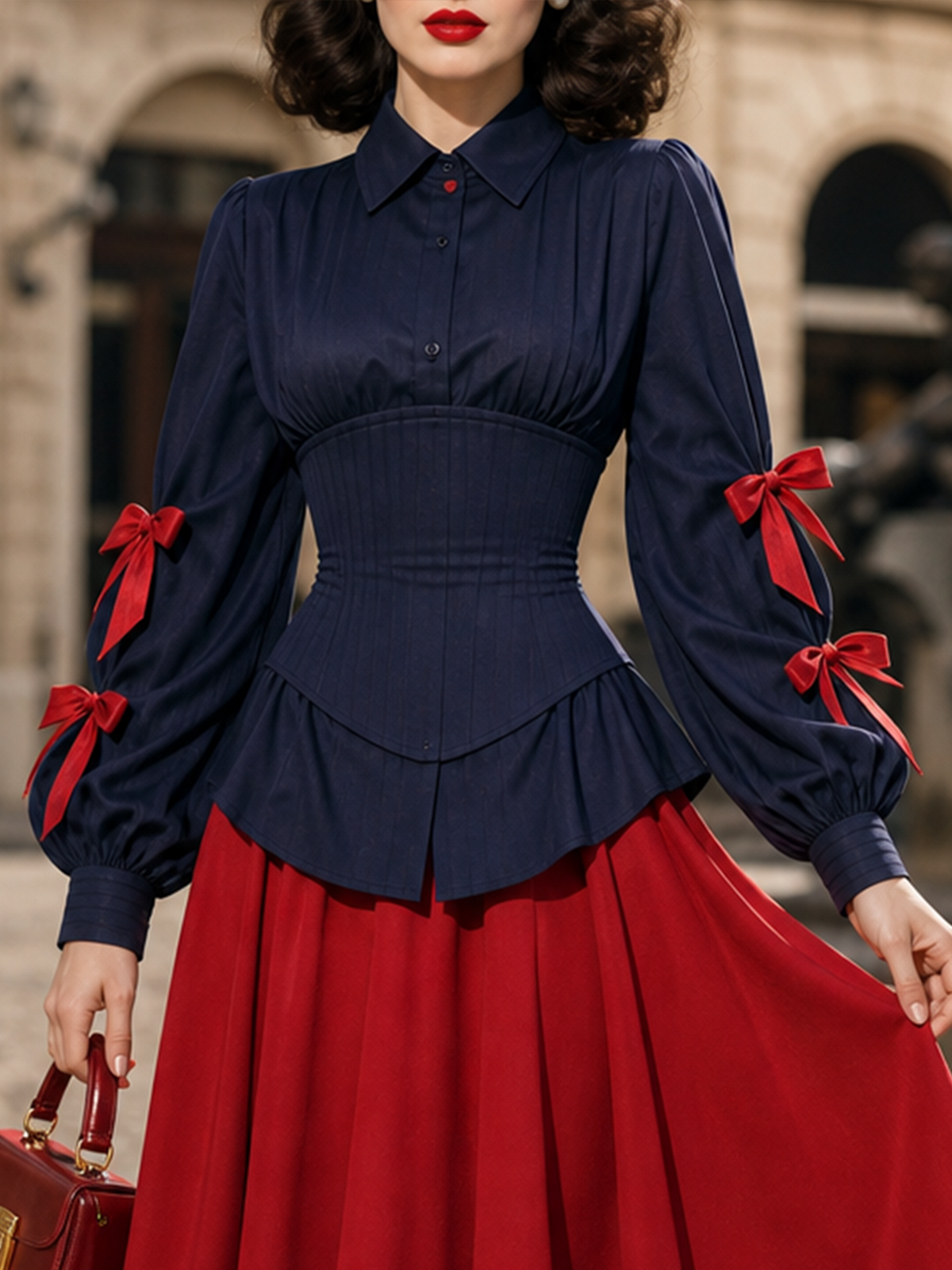 Vintage 1950s Navy Collared Corset Waist Blouse Puff Sleeves With Red Bow Detail Peplum Top