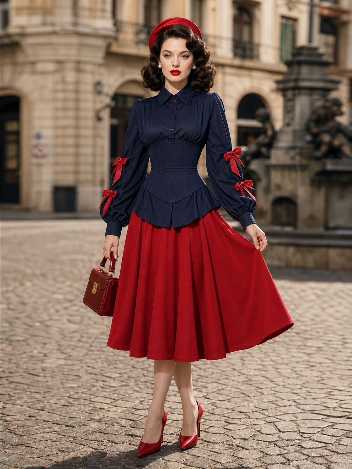 Vintage 1950s Navy Collared Corset Waist Blouse Puff Sleeves With Red Bow Detail Peplum Top