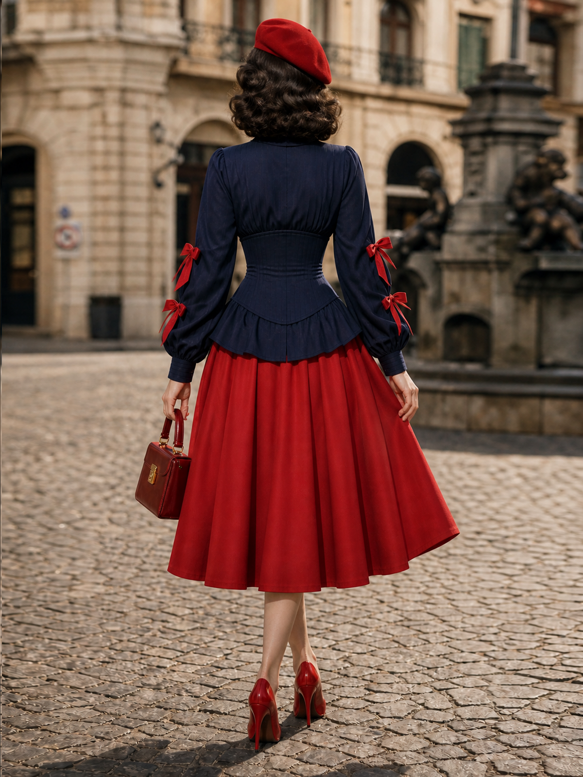 Vintage 1950s Navy Collared Corset Waist Blouse Puff Sleeves With Red Bow Detail Peplum Top