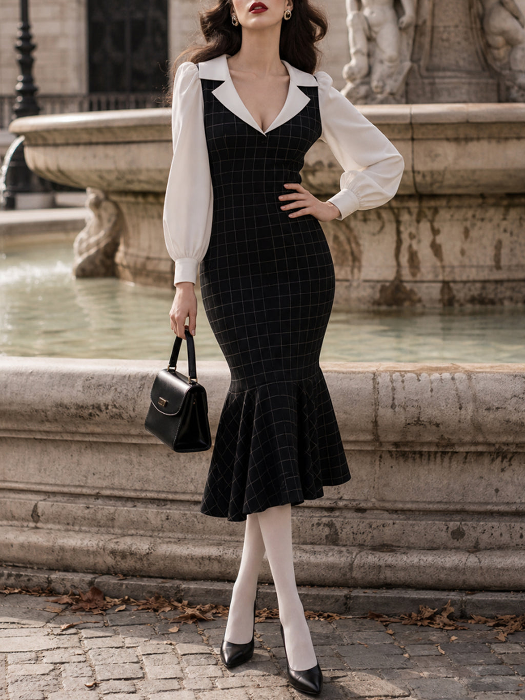 Vintage Plaid Mermaid Midi Dress