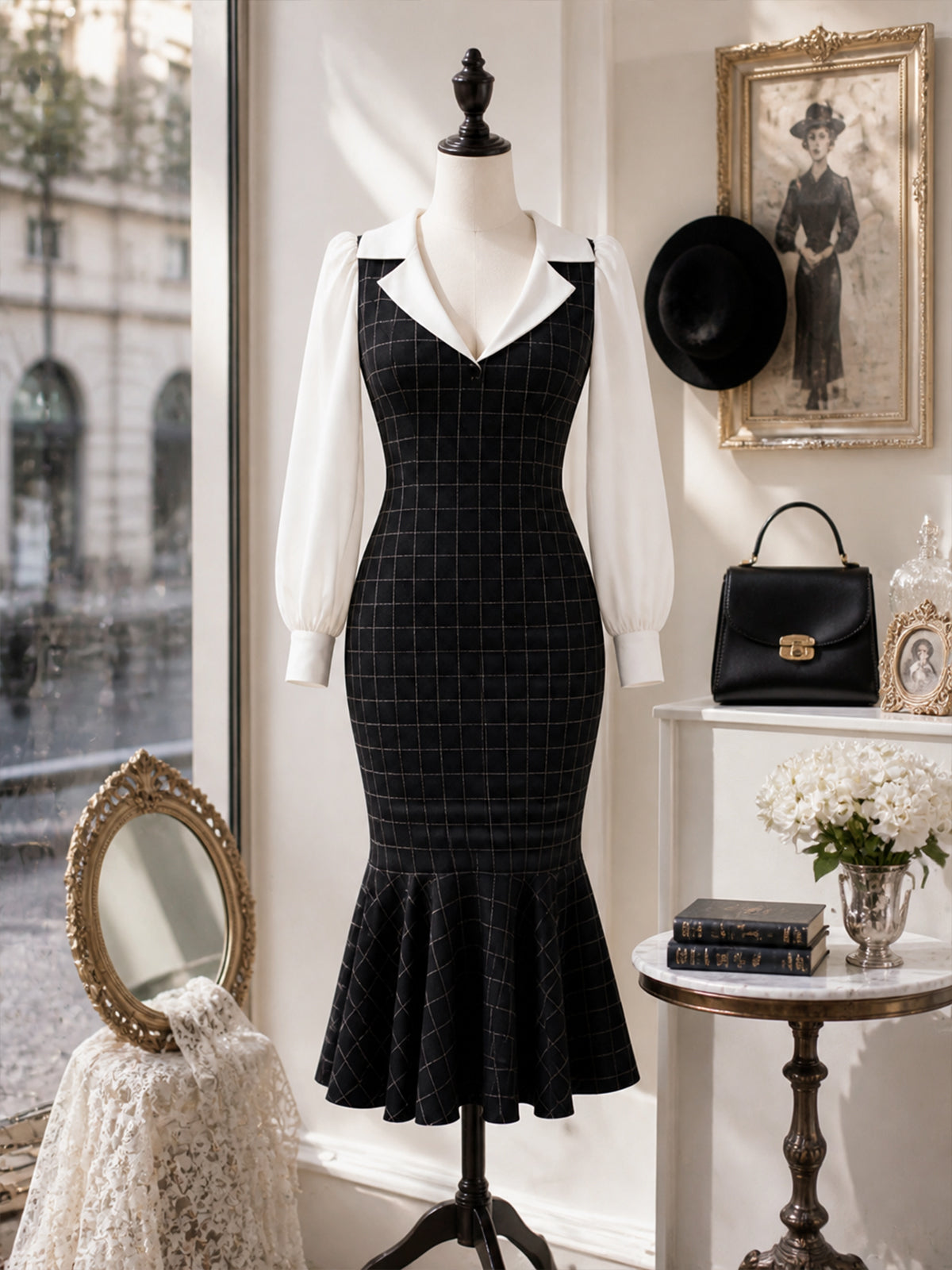 Vintage Plaid Mermaid Midi Dress