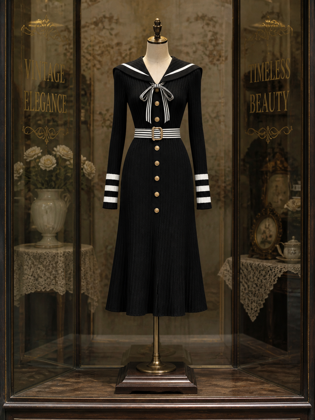 Vintage Sailor Collar Color‑block Ribbed Knit Midi Dress