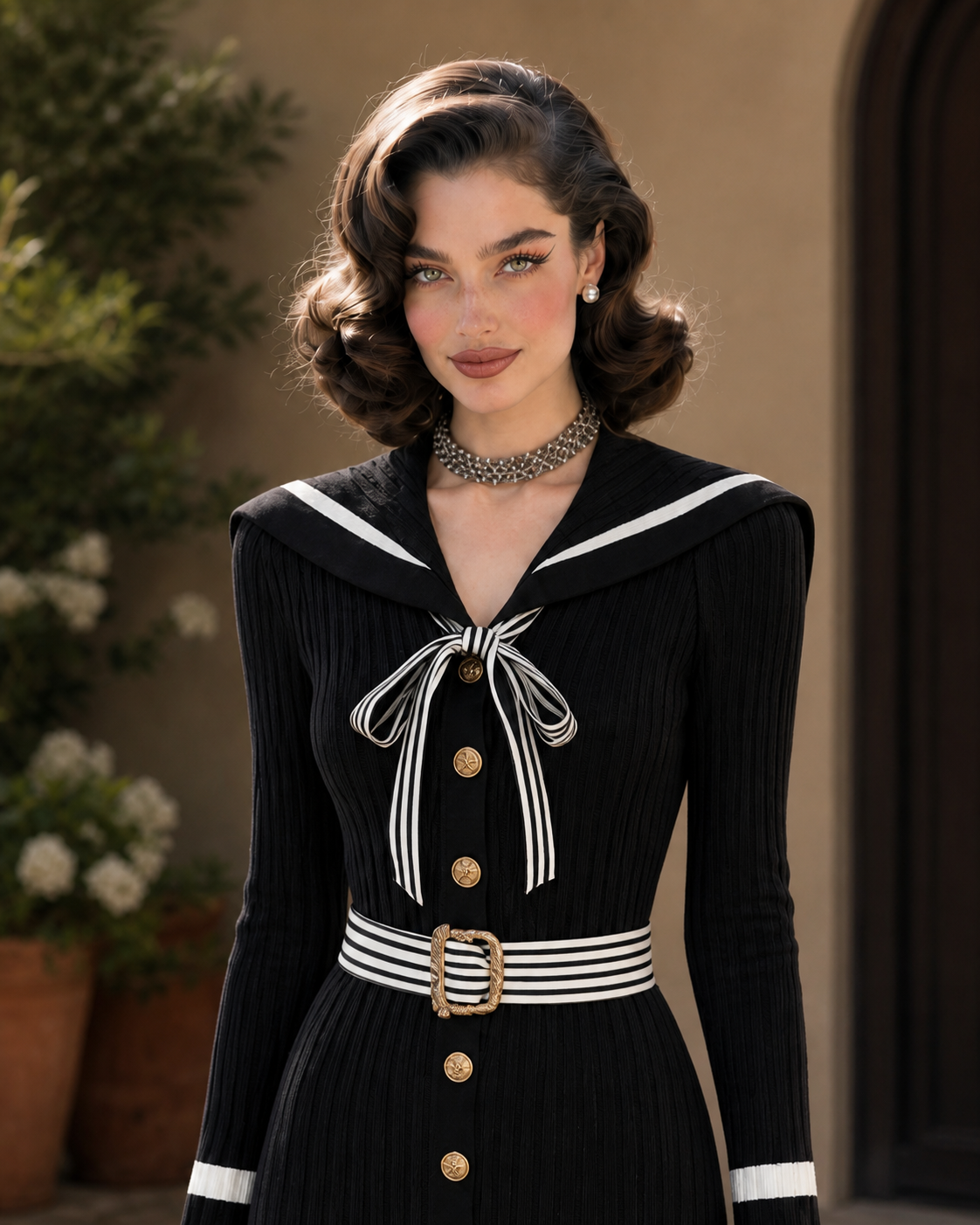 Vintage Sailor Collar Color‑block Ribbed Knit Midi Dress