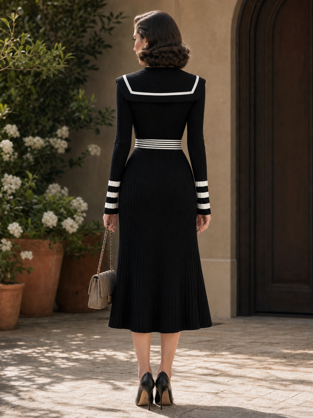 Vintage Sailor Collar Color‑block Ribbed Knit Midi Dress