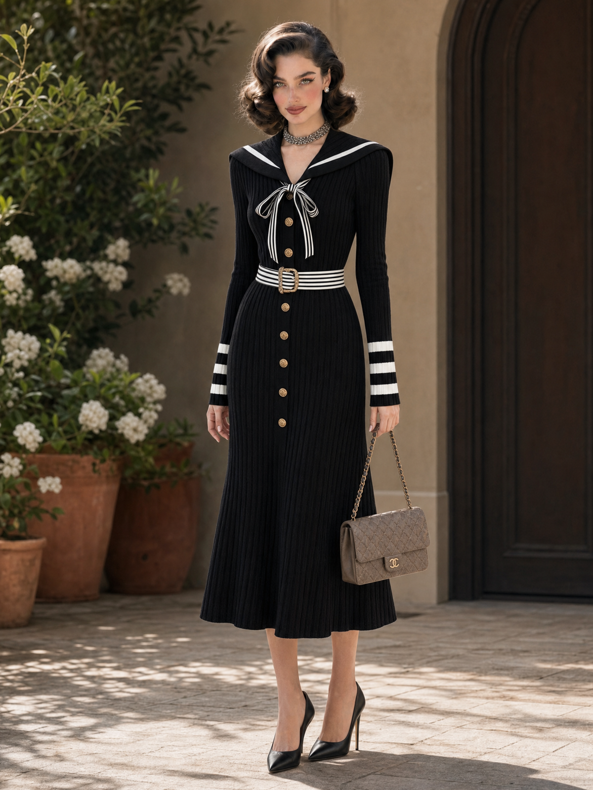 Vintage Sailor Collar Color‑block Ribbed Knit Midi Dress