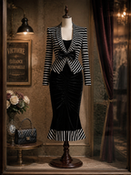 Vintage Striped Suit With Ruched Midi Skirt Set
