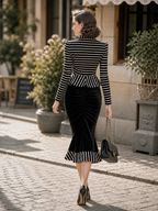 Vintage Striped Suit With Ruched Midi Skirt Set