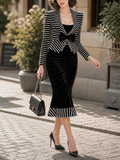 Vintage Striped Suit With Ruched Midi Skirt Set