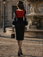 Vintage Black Lace-Trim Embroidered-Sleeve Bodycon Knit Dress