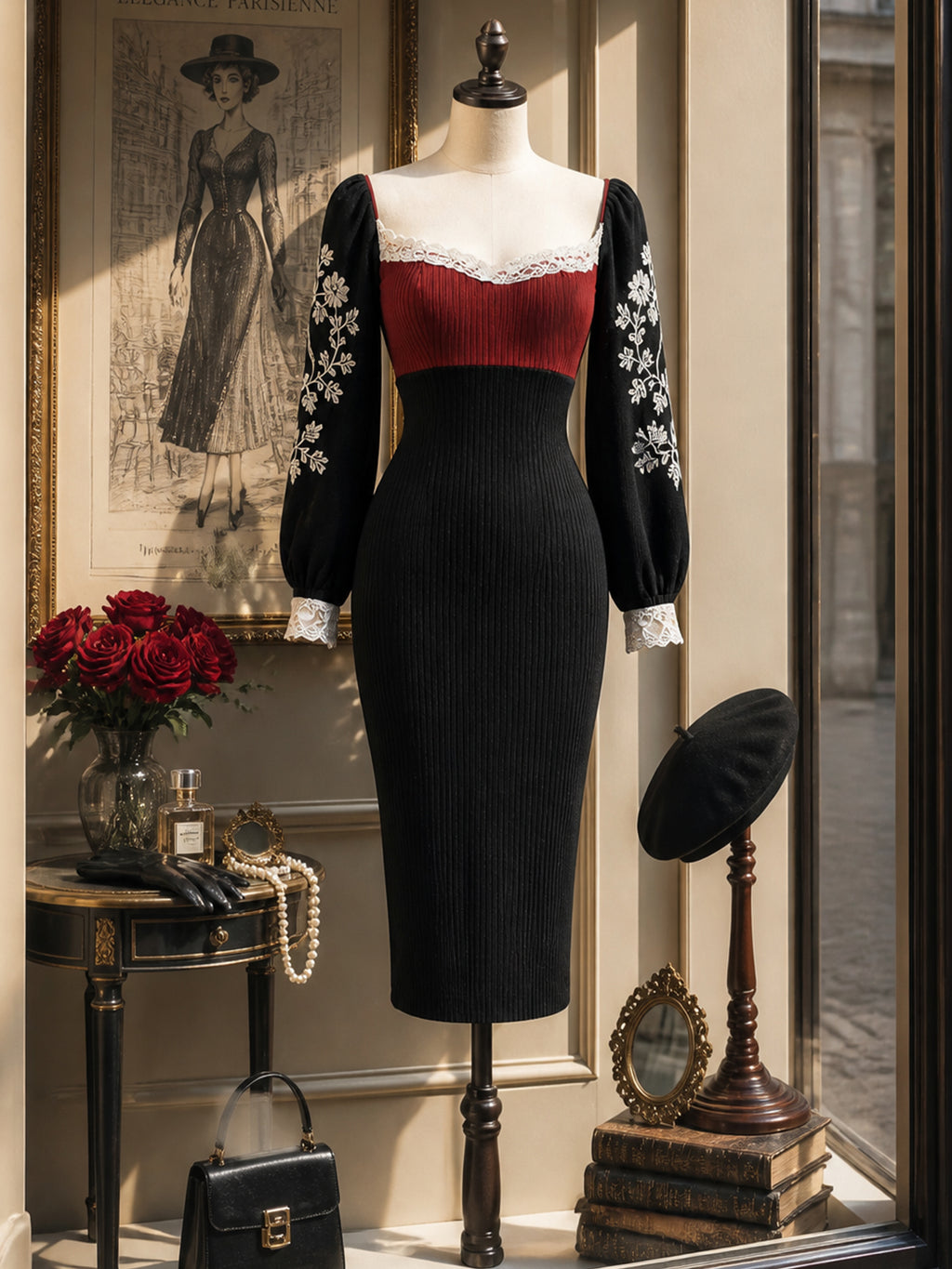 Vintage Black Lace-Trim Embroidered-Sleeve Bodycon Knit Dress