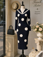 Vintage Navy Cream Polka-Dot Lace-Collar Bodycon Knit Dress