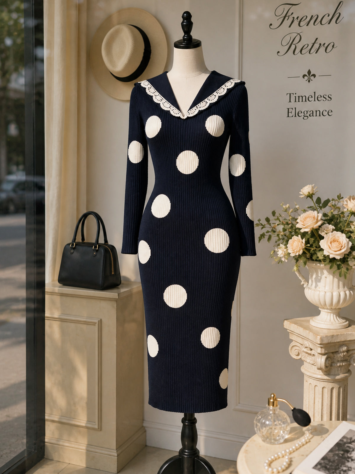 Vintage Navy Cream Polka-Dot Lace-Collar Bodycon Knit Dress