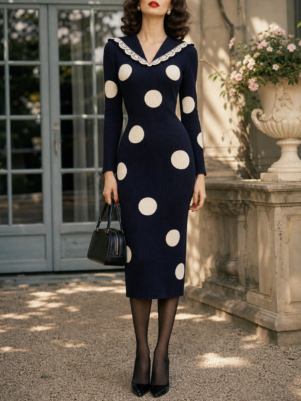 Vintage Navy Cream Polka-Dot Lace-Collar Bodycon Knit Dress