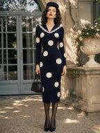 Vintage Navy Cream Polka-Dot Lace-Collar Bodycon Knit Dress