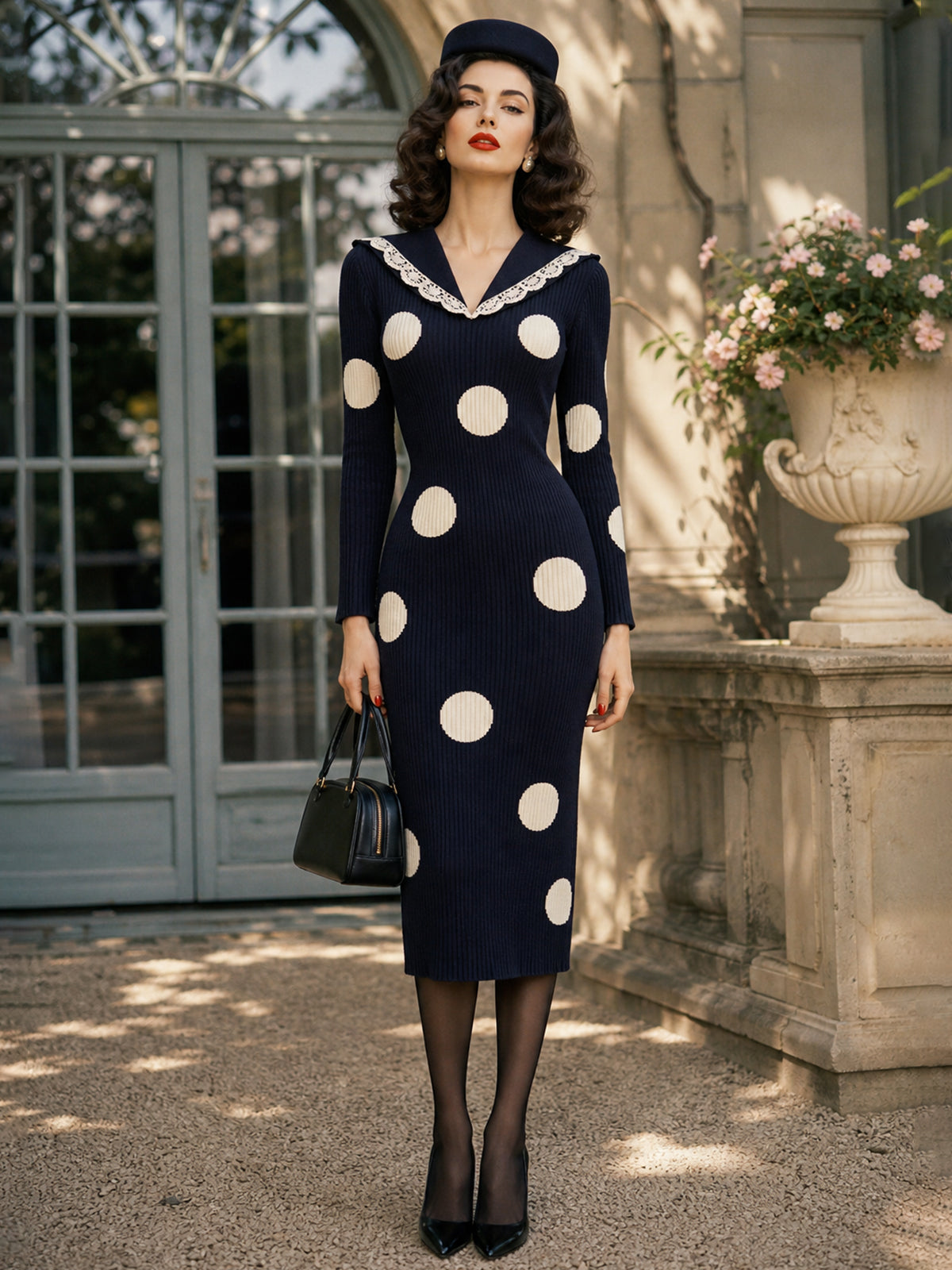 Vintage Navy Cream Polka-Dot Lace-Collar Bodycon Knit Dress