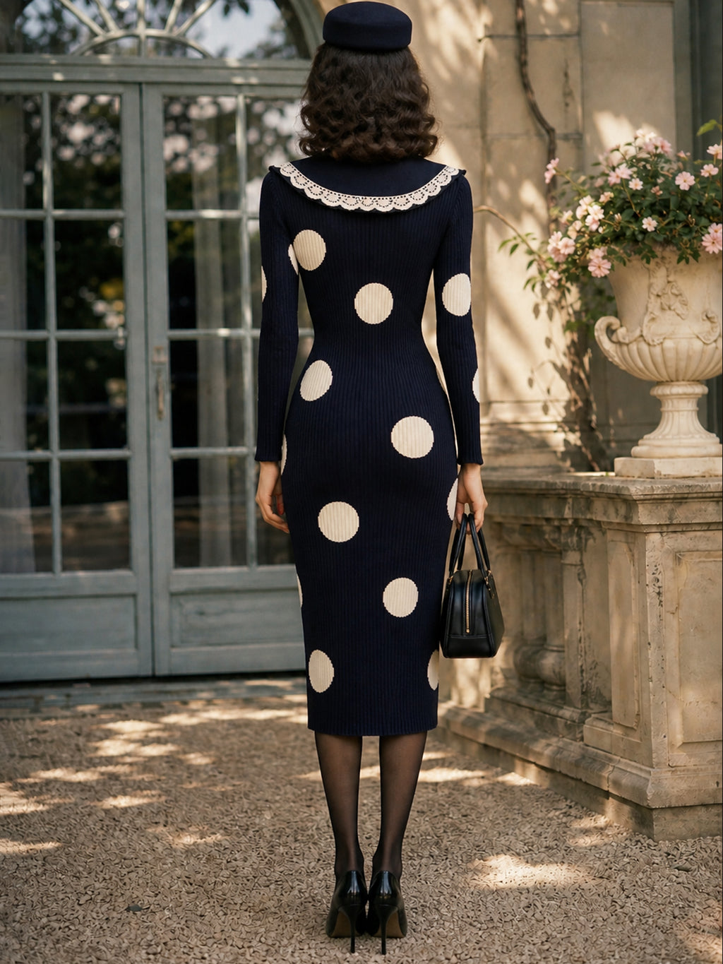 Vintage Navy Cream Polka-Dot Lace-Collar Bodycon Knit Dress