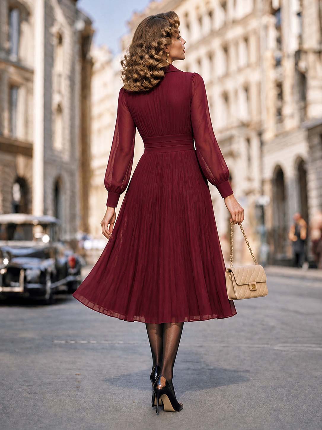 Vintage Collar Pleated Midi Chiffon Dress