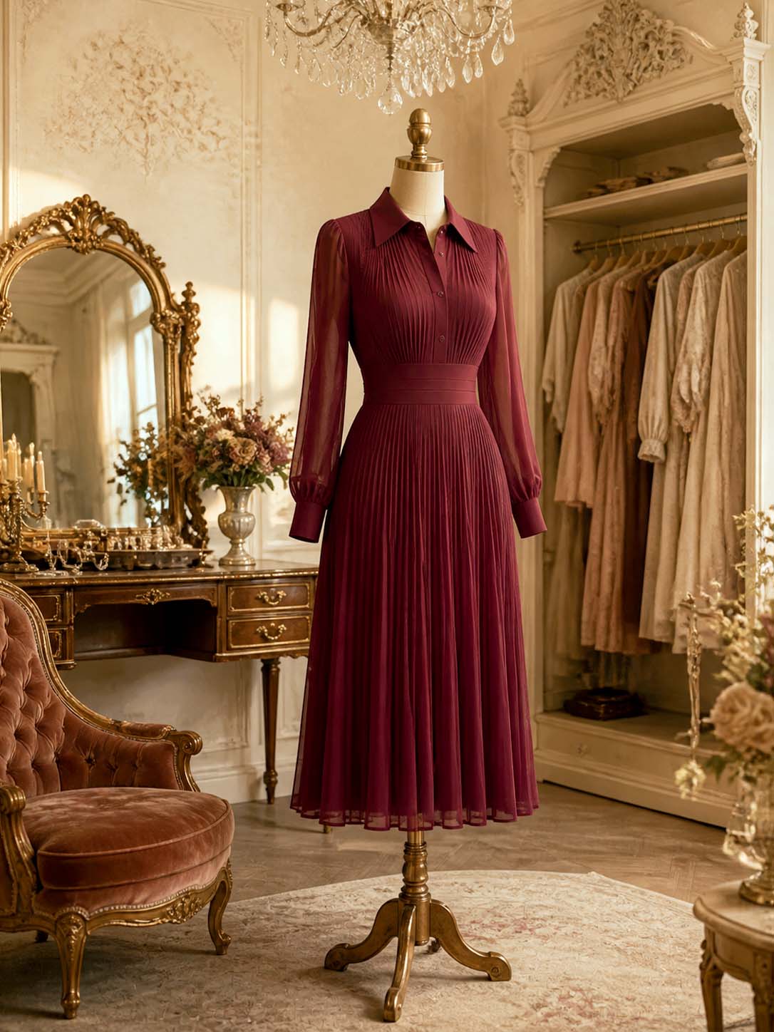 Vintage Collar Pleated Midi Chiffon Dress