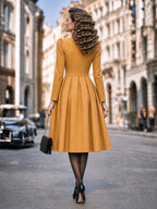 Vintage Square Neck Pleated Midi Dress