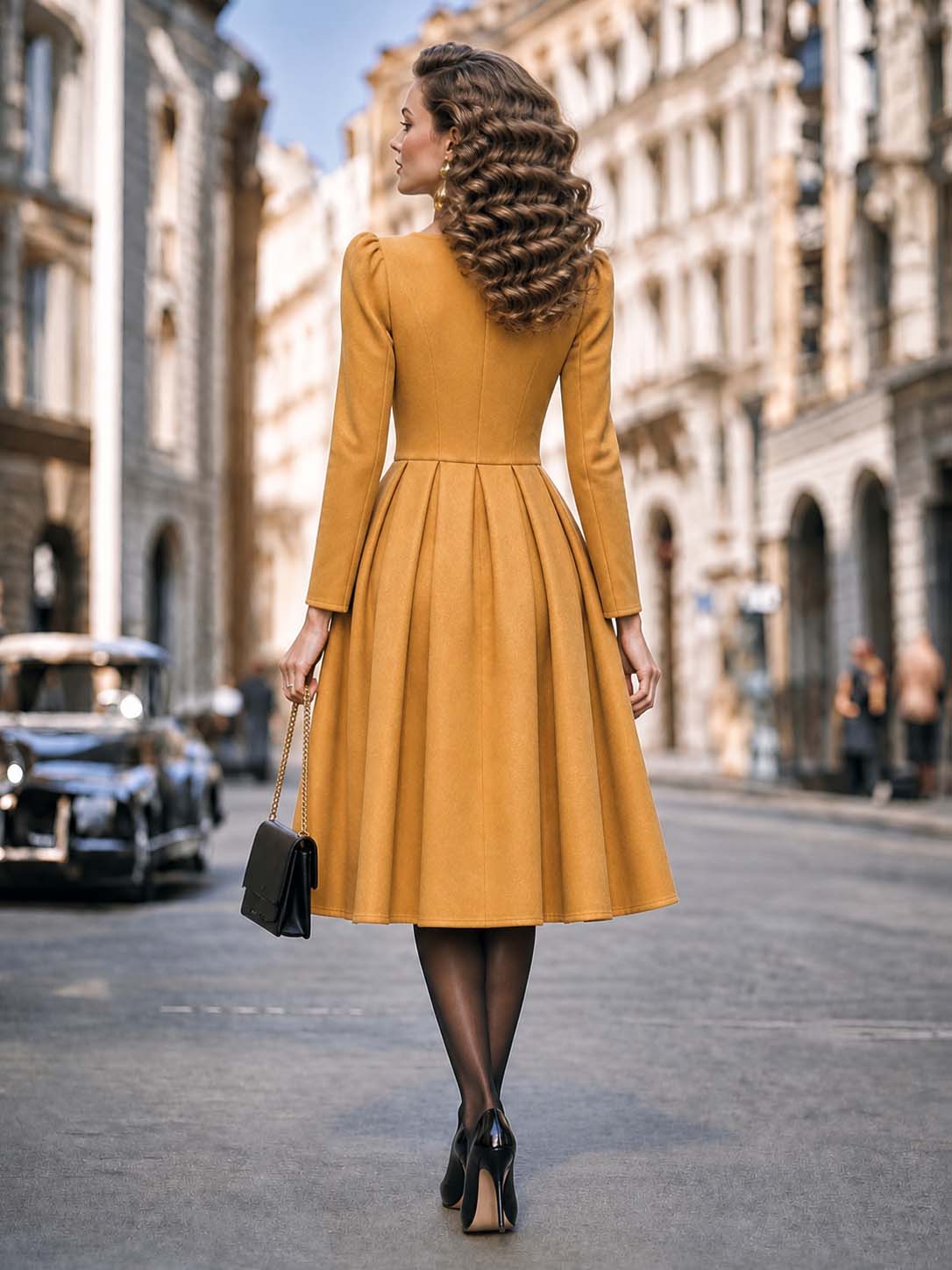 Vintage Square Neck Pleated Midi Dress