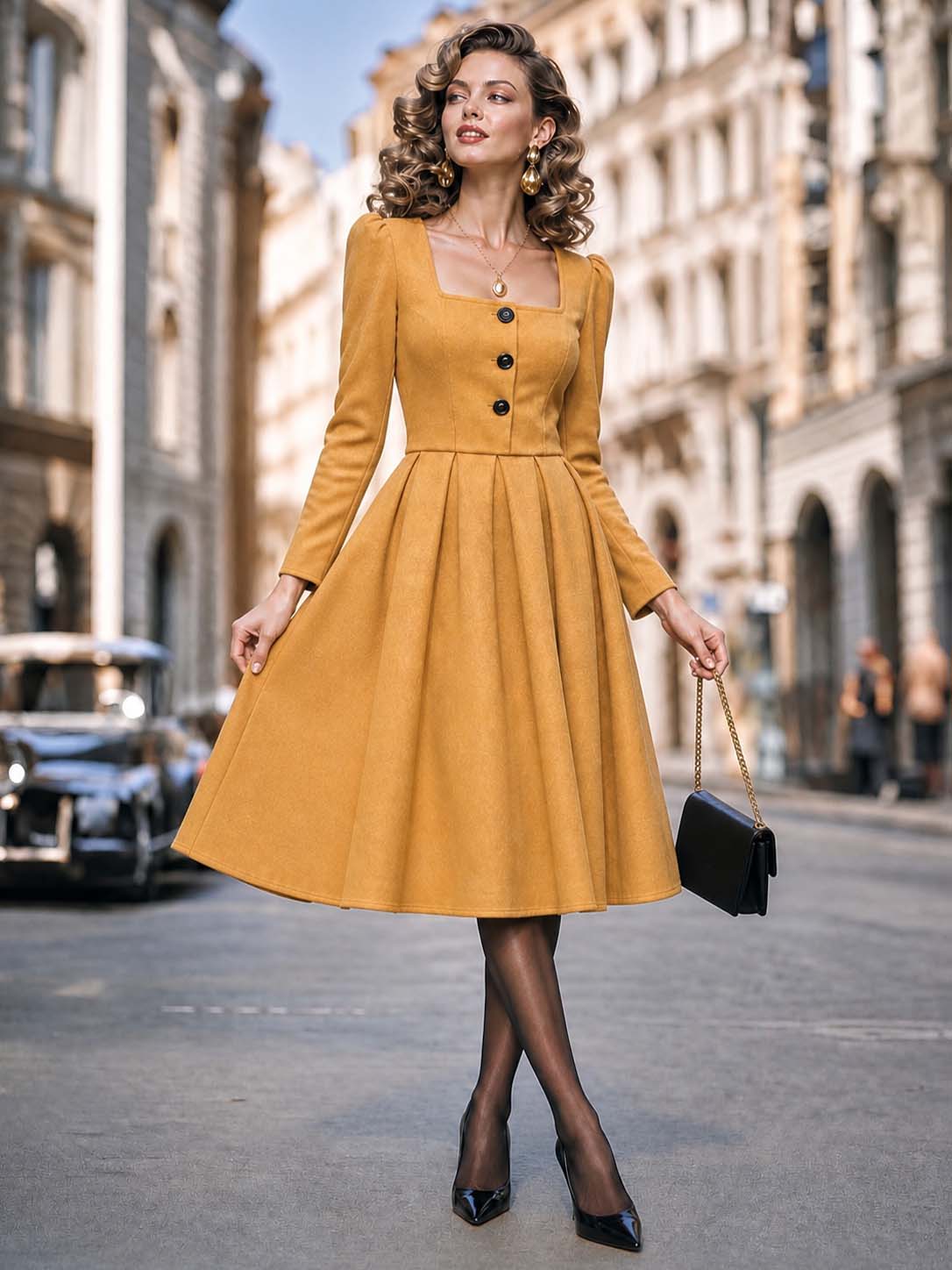Vintage Square Neck Pleated Midi Dress