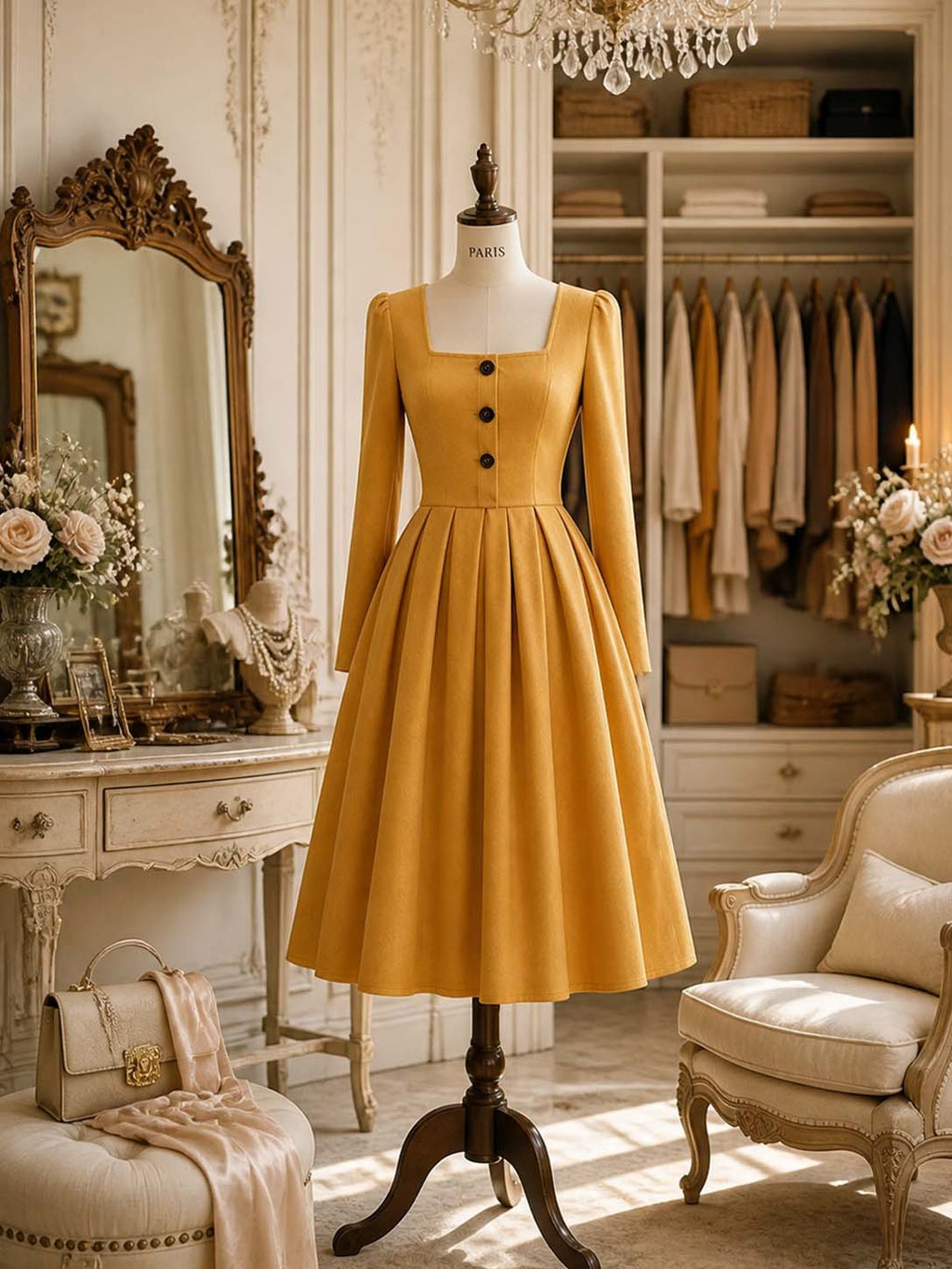 Vintage Square Neck Pleated Midi Dress