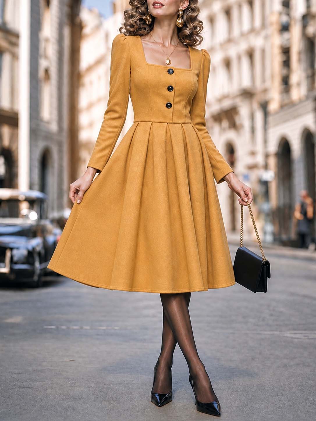 Vintage Square Neck Pleated Midi Dress