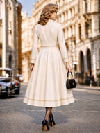 Vintage Gold Woven Trim Stand Collar Midi Dress