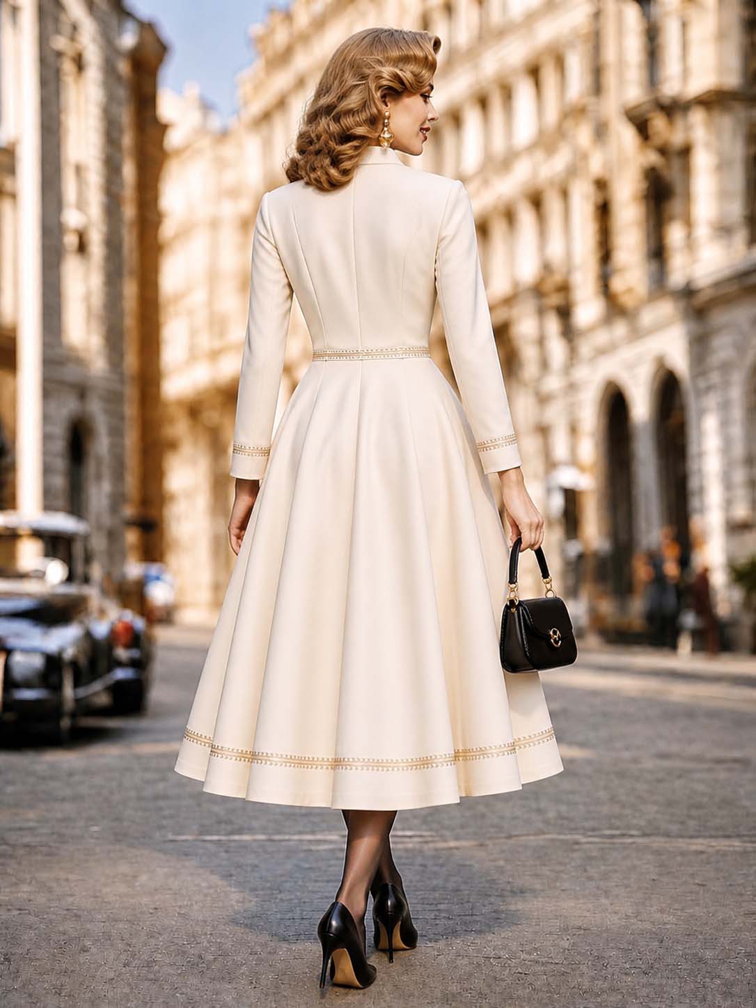 Vintage Gold Woven Trim Stand Collar Midi Dress
