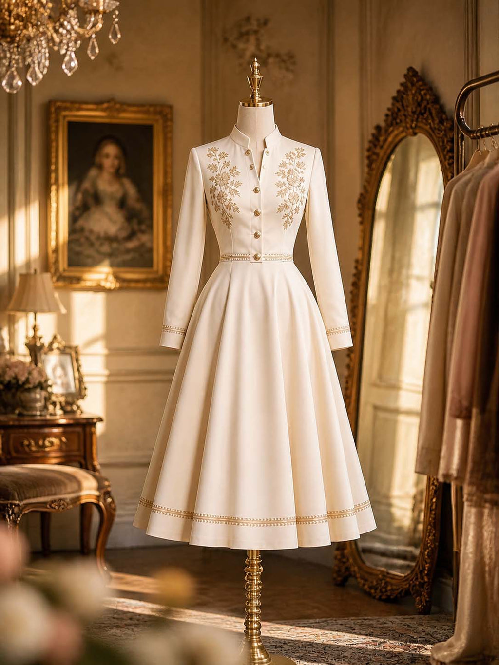 Vintage Gold Woven Trim Stand Collar Midi Dress