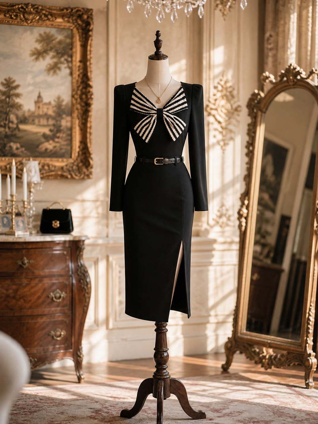 Vintage Stripe Bow Slit Midi Bodycon Dress