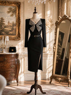 Vintage Stripe Bow Slit Midi Bodycon Dress