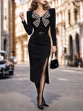 Vintage Stripe Bow Slit Midi Bodycon Dress