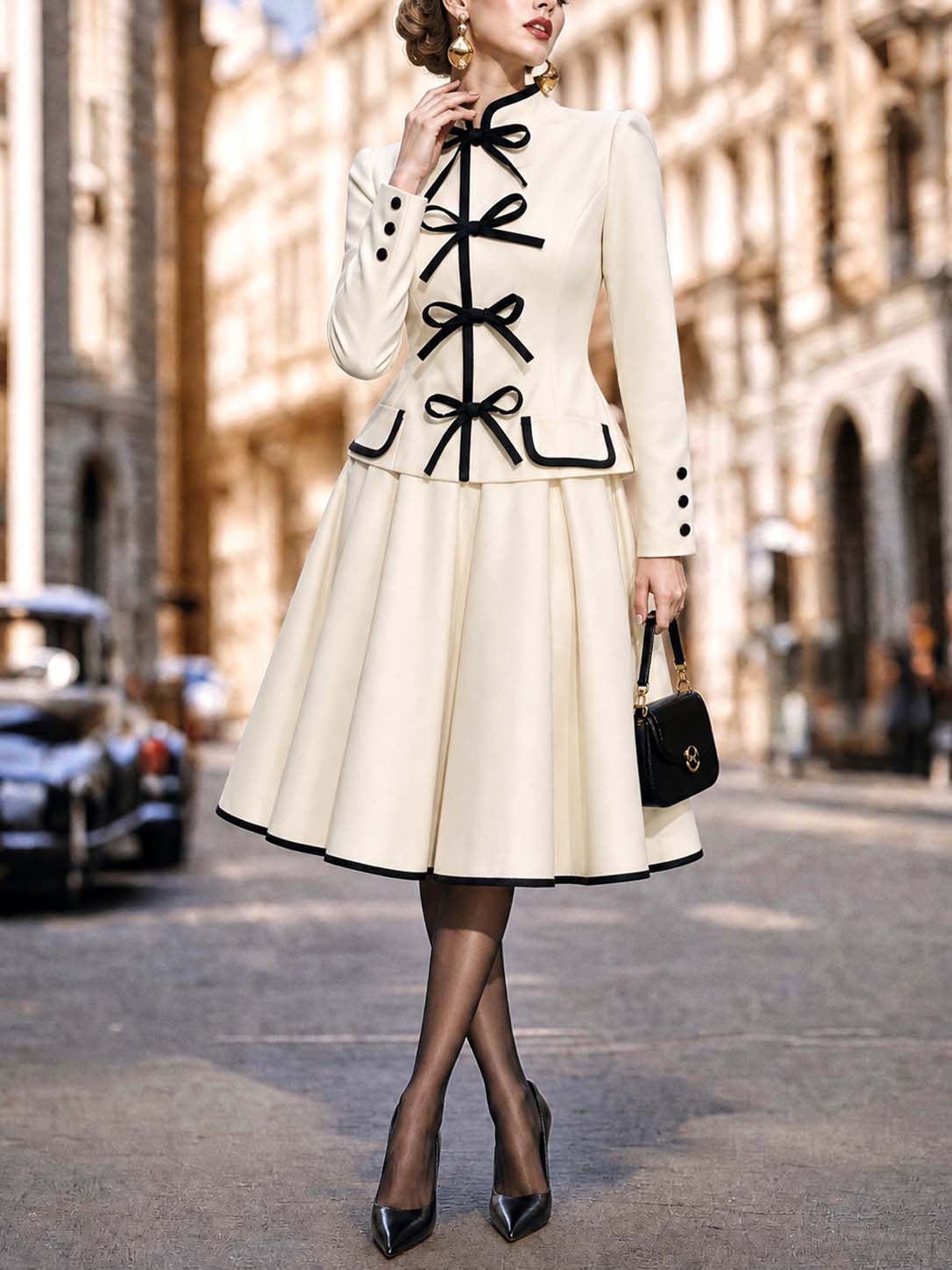 Vintage Bow Trim Midi Two‑Piece Skirt Set