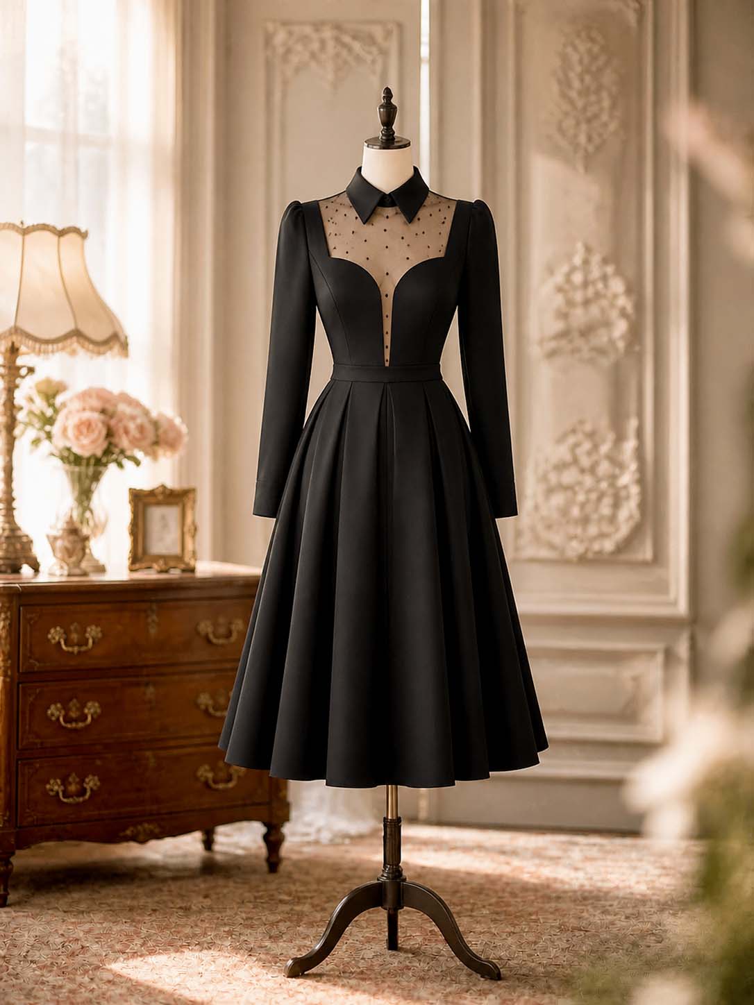 Vintage Polka‑Dot Mesh V‑Neck Midi Dress